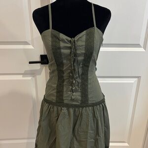 Minga green lace up drop waist- Mini Dress lace detail